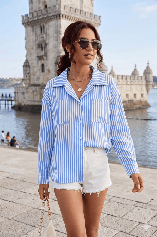 Relaxed Stripe Button-Up Cardigan Shirt
