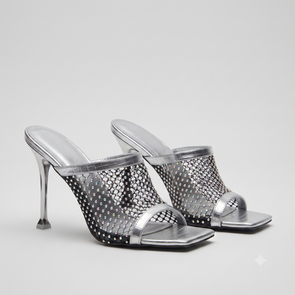 Glamorous Rhinestone Fish-Mouth Stiletto Mules