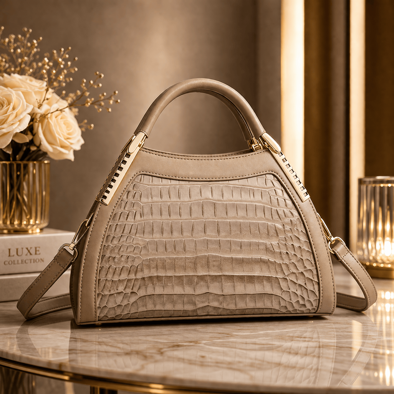Crocodile Texture Top Handle Satchel Bag