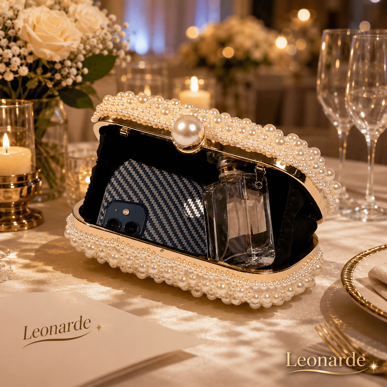 Elegant Satin Box Clutch with Pearl Accent