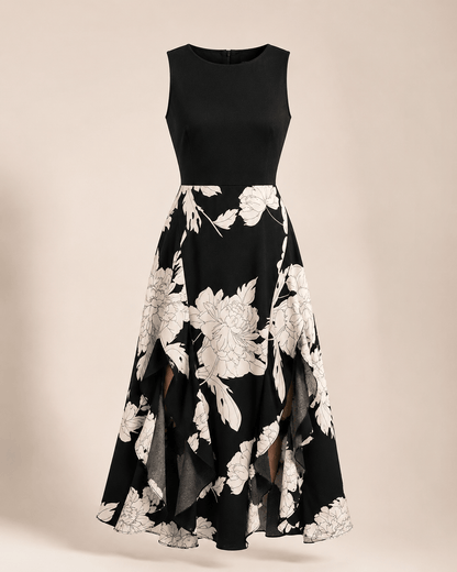 Floral Crew-neck Ruffled Sleeveless Dress