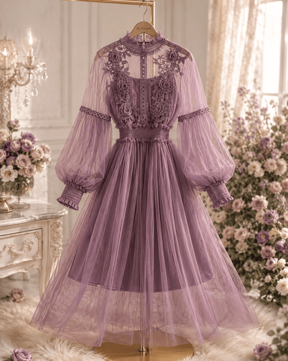Mesh Graceful Stand Collar Lantern Sleeve High Waist Slimming Suspenders Dress