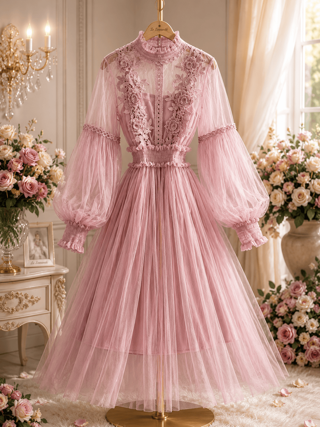 Mesh Graceful Stand Collar Lantern Sleeve High Waist Slimming Suspenders Dress