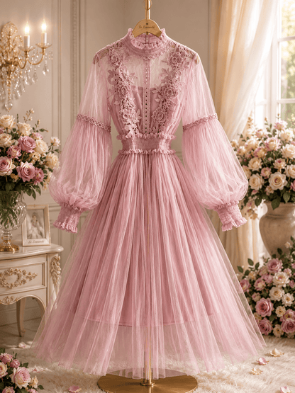 Mesh Graceful Stand Collar Lantern Sleeve High Waist Slimming Suspenders Dress