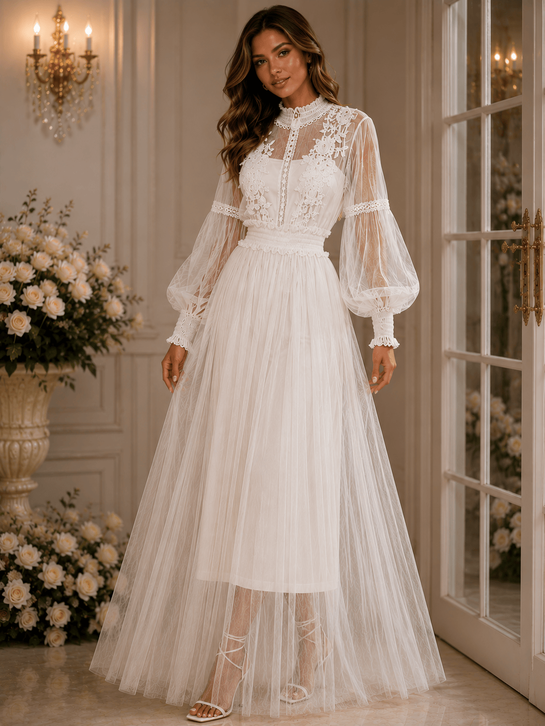Mesh Graceful Stand Collar Lantern Sleeve High Waist Slimming Suspenders Dress