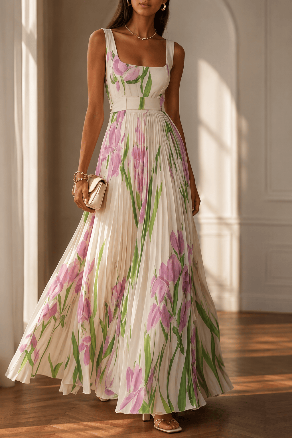 Floral Print Pleated Dress Summer A-Line Sleeveless Midi Dresses Women's Clothing