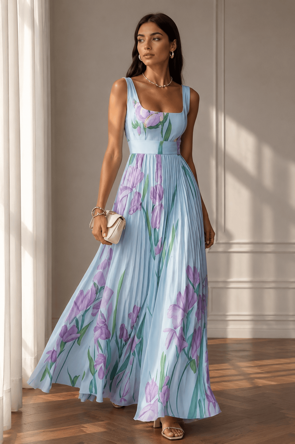 Floral Print Pleated Dress Summer A-Line Sleeveless Midi Dresses Women's Clothing