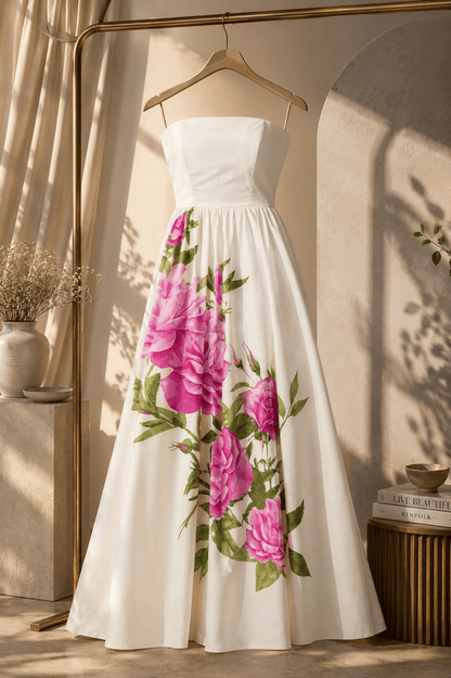 Womens Retro Short-Sleeve Crew-Neck Defined-Waist Elegant Rose-Print Dress
