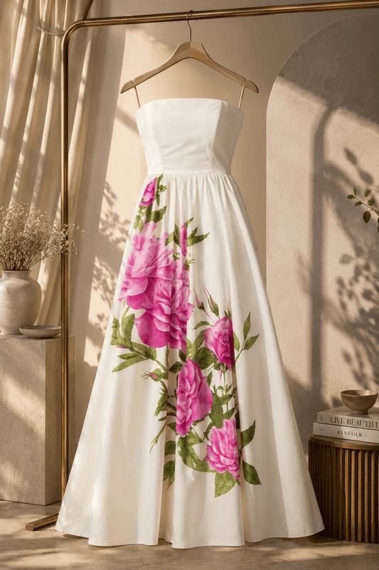 Womens Retro Short-Sleeve Crew-Neck Defined-Waist Elegant Rose-Print Dress