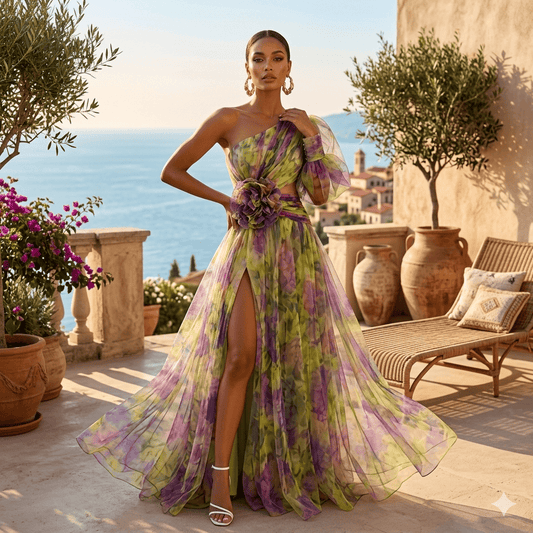 Mesh Tie-dye Printed Off-shoulder Slit Dress Summer INS Fashion Long Dress Party Womens Clothing