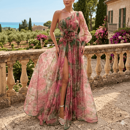 Mesh Tie-dye Printed Off-shoulder Slit Dress Summer INS Fashion Long Dress Party Womens Clothing