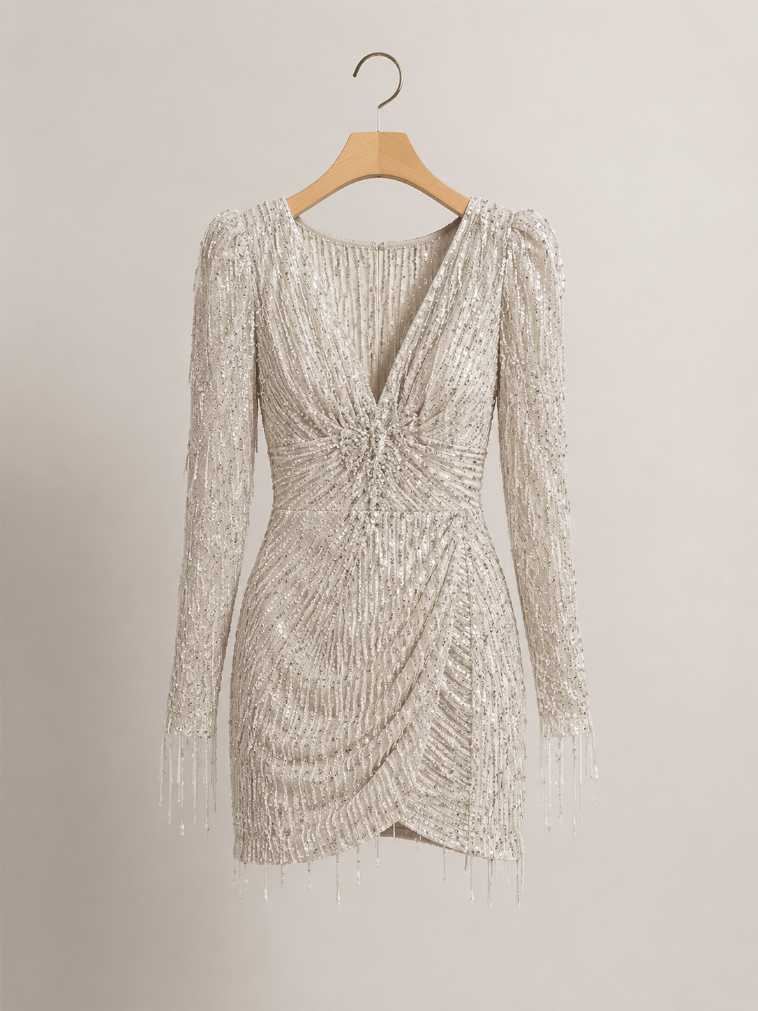 Long Sleeve V-neck Sequins Irregular Tassel Sheath Dress
