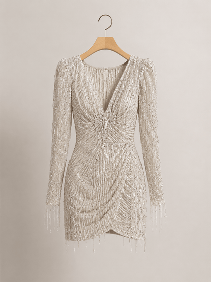 Long Sleeve V-neck Sequins Irregular Tassel Sheath Dress