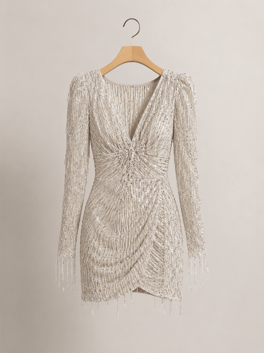 Long Sleeve V-neck Sequins Irregular Tassel Sheath Dress