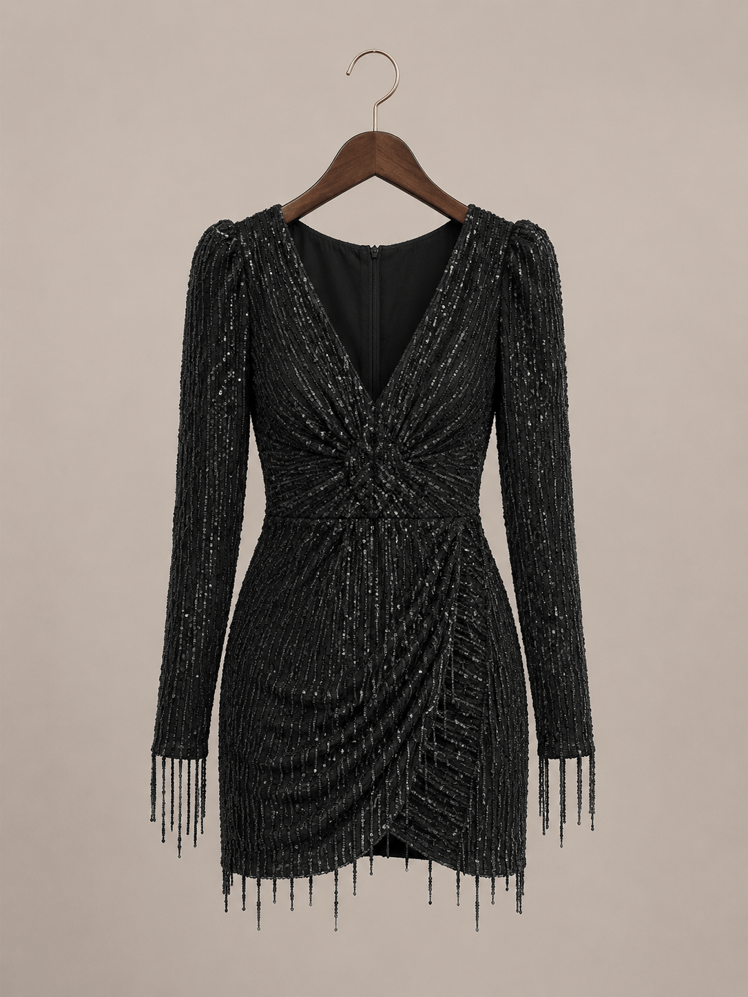 Long Sleeve V-neck Sequins Irregular Tassel Sheath Dress
