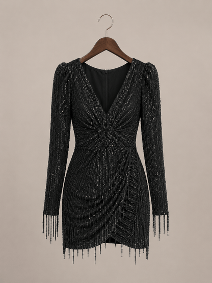Long Sleeve V-neck Sequins Irregular Tassel Sheath Dress