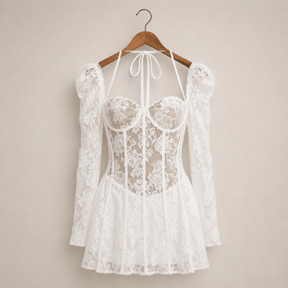 Ballet-style French Low-neck Waist-tight Lace Trim Dress