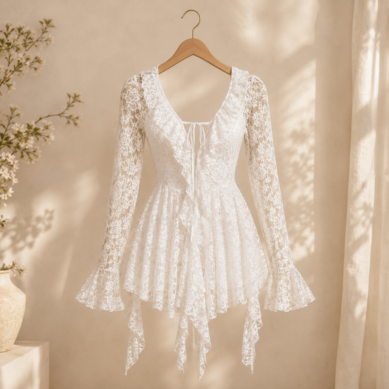 Womens Solid-Color Lace Short Sleeve Mini Dress