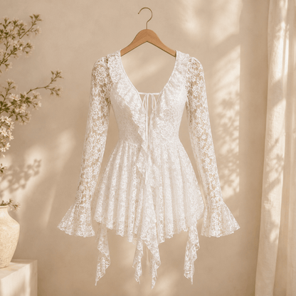 Womens Solid-Color Lace Short Sleeve Mini Dress