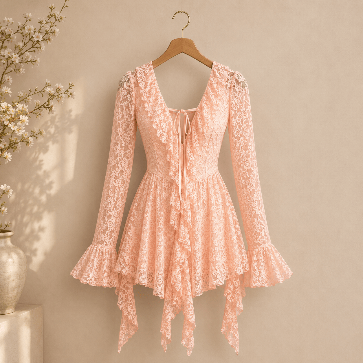 Womens Solid-Color Lace Short Sleeve Mini Dress