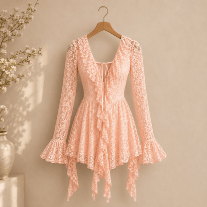 Womens Solid-Color Lace Short Sleeve Mini Dress