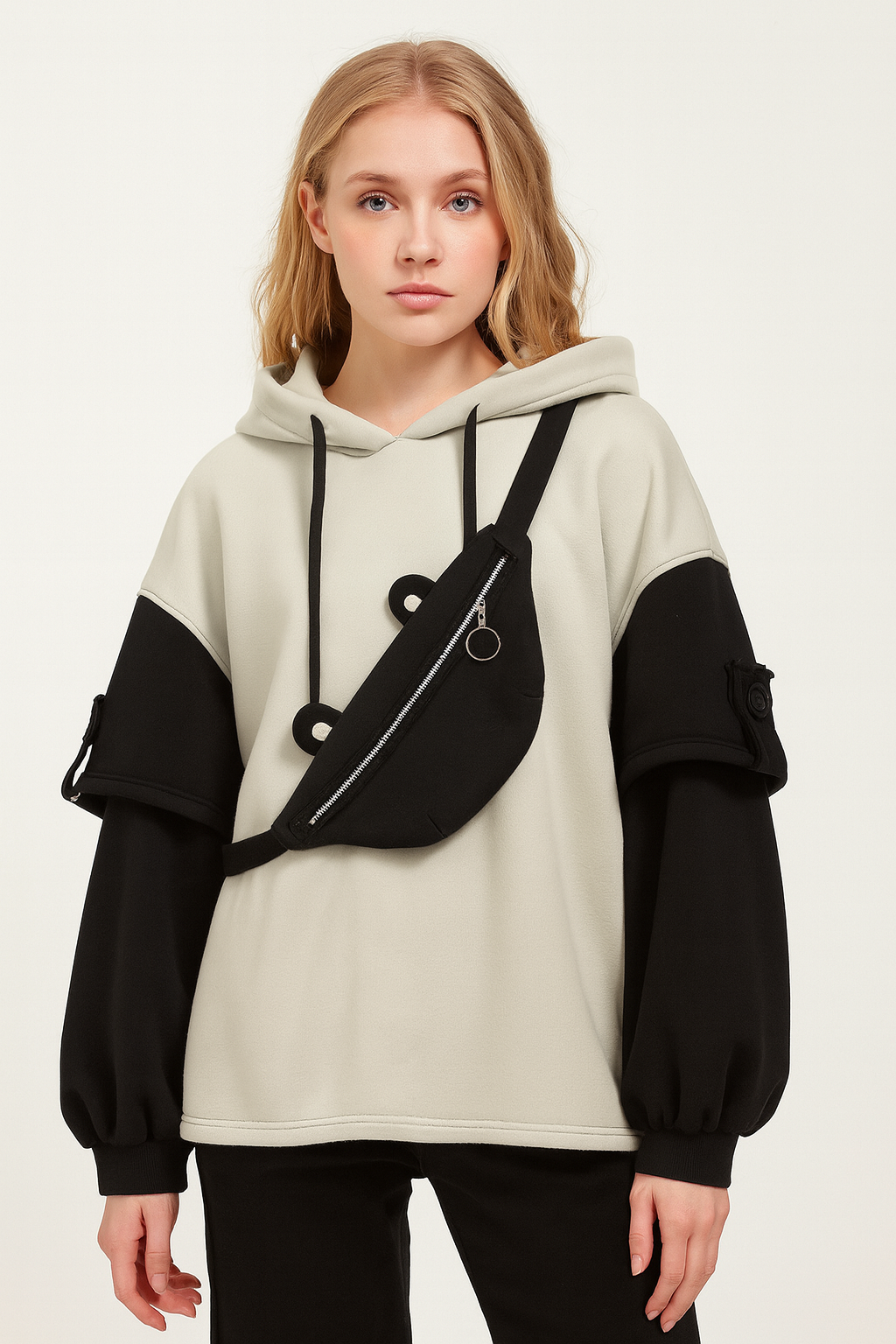 Kawaii Bear Hoodie with Built-In Crossbody Bag – Cozy & Cute Streetwear 🐻🖤