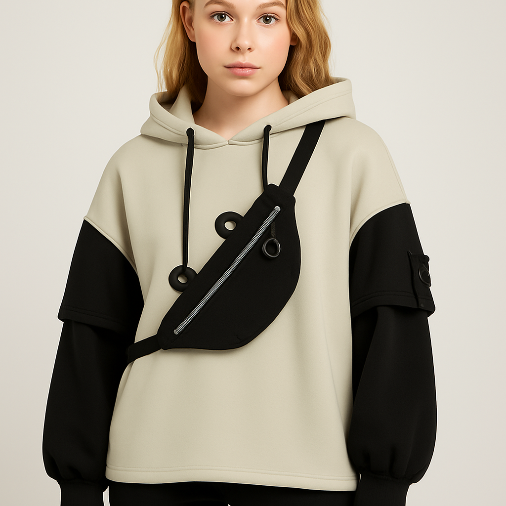 Kawaii Bear Hoodie with Built-In Crossbody Bag – Cozy & Cute Streetwear 🐻🖤
