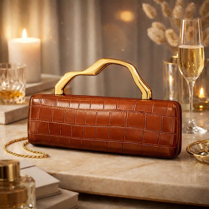 Crocodile Embossed Metal Handle Clutch Bag