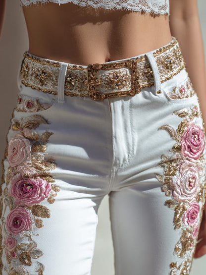 Boho Patchwork Floral Wide-Leg Jeans – Statement Pink Denim
