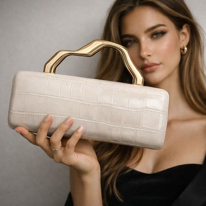 Crocodile Embossed Metal Handle Clutch Bag