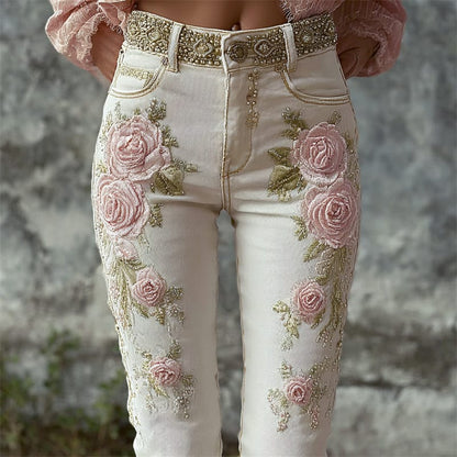 Boho Patchwork Floral Wide-Leg Jeans – Statement Pink Denim