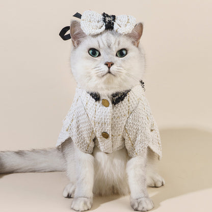 Elegant Tweed Cat Outfit – Chic Set with Hat & Bow Tie for Stylish Pets 🐾💎