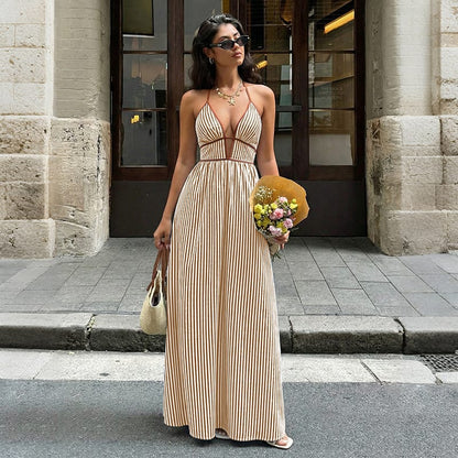 Women's Striped High-Waist Maxi Dress