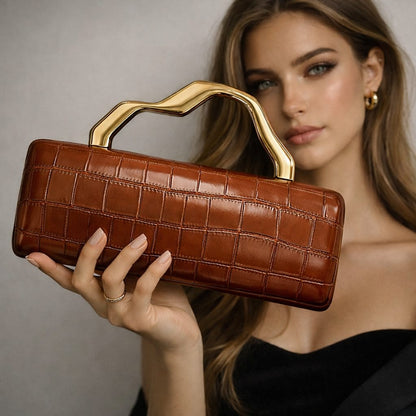Crocodile Embossed Metal Handle Clutch Bag